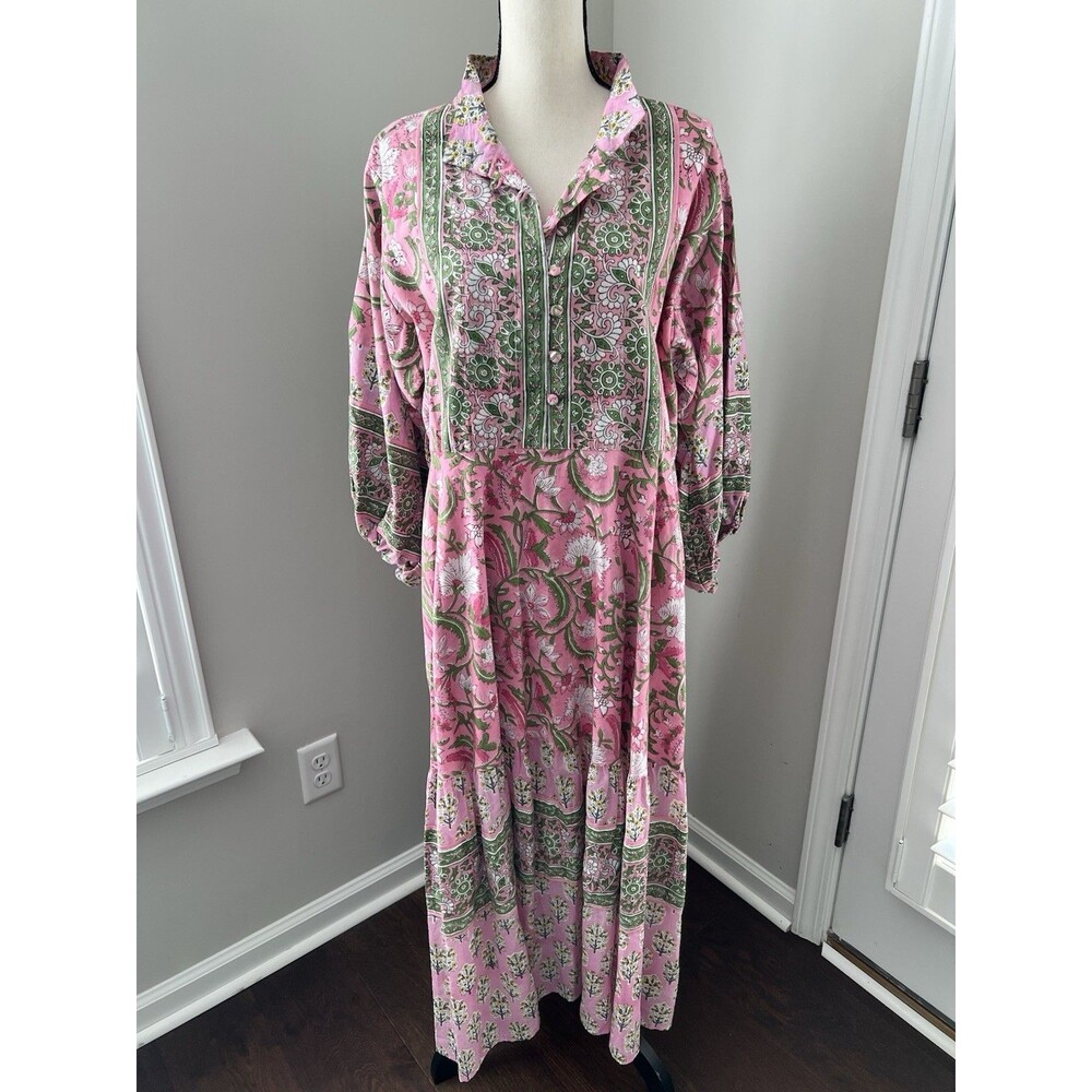Sue Sartor Pink & Green Floral Flounce Maxi Dress Size XL EUC
